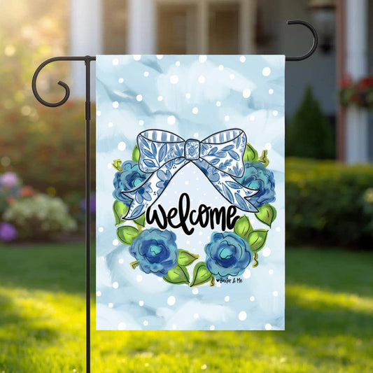 Blue Willow Bow Welcome Garden Flag- Baxter & Me