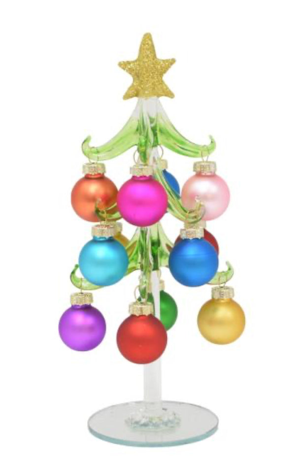 Green Glass 8” Tree with Frosted Ornaments