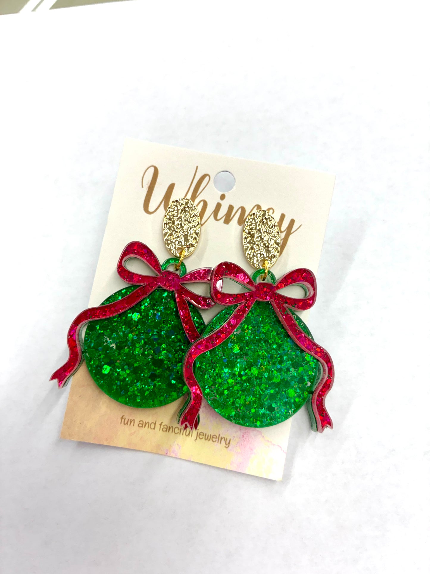 Green Glitter Red Bow Ornament Earrings