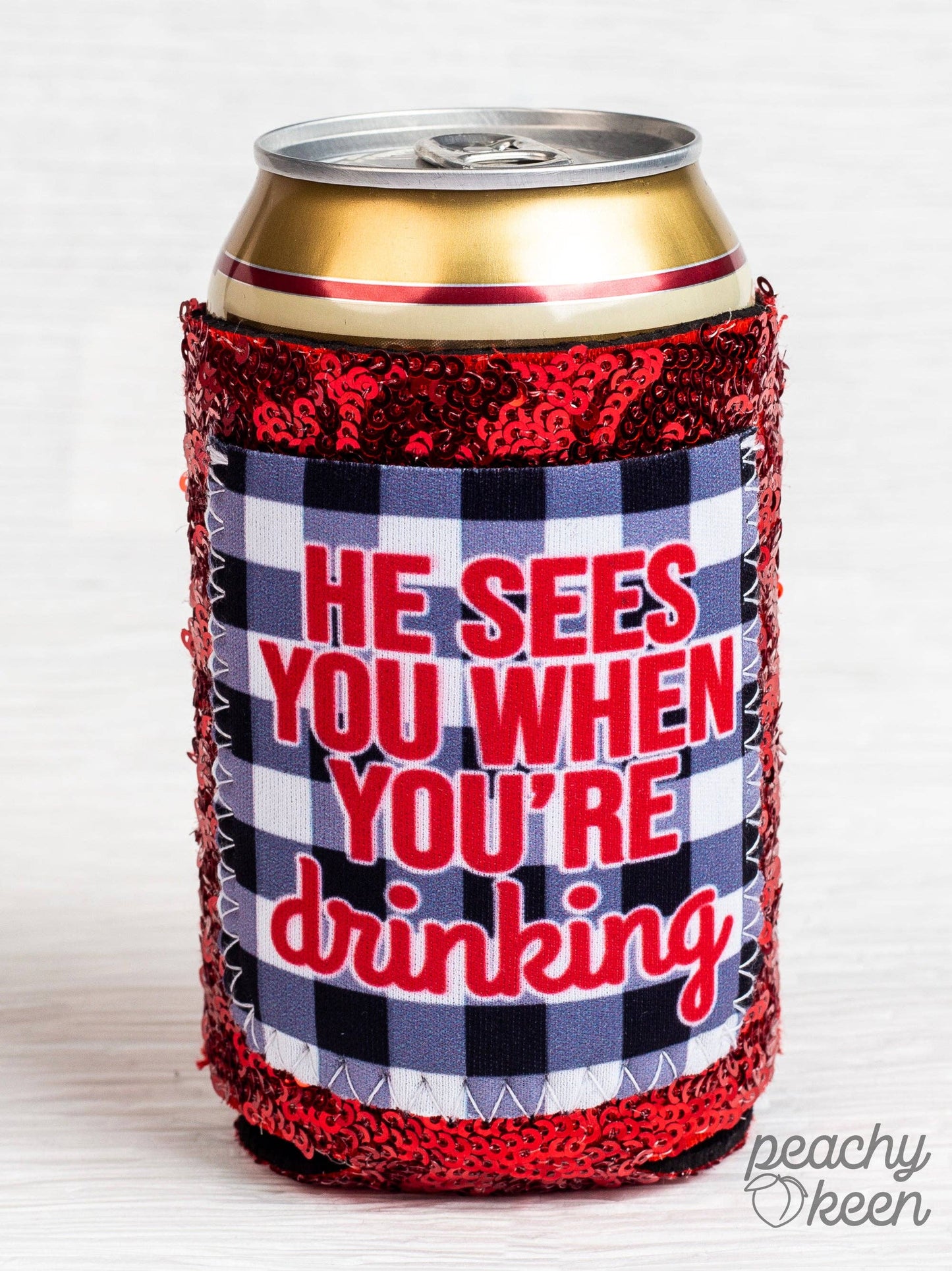 He Sees you when you're Drinking Sequin Can Cooler: Mix Pattern / One Size