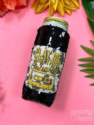 Play Me Something Country black sequin slim can cooler: Slim Can / One Size