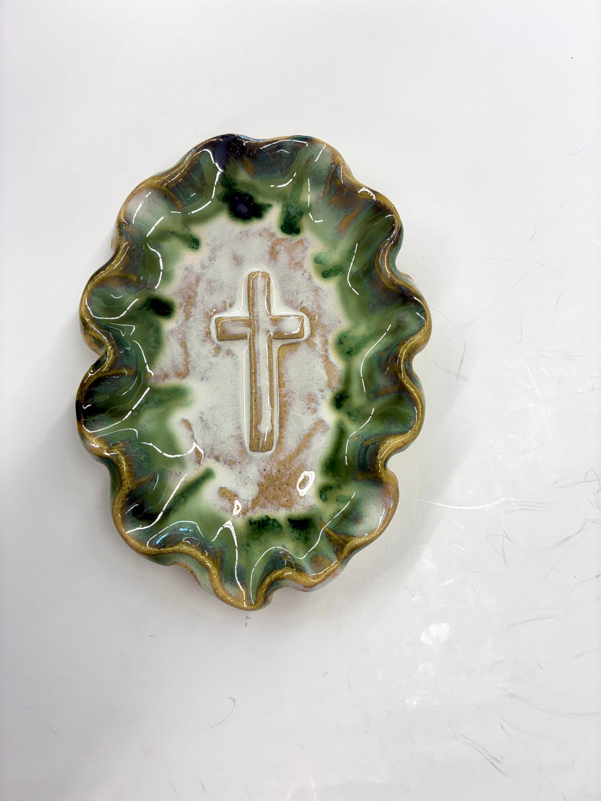 Ruffled Cross Dish 7x5” -Tab Boren Pottery #236
