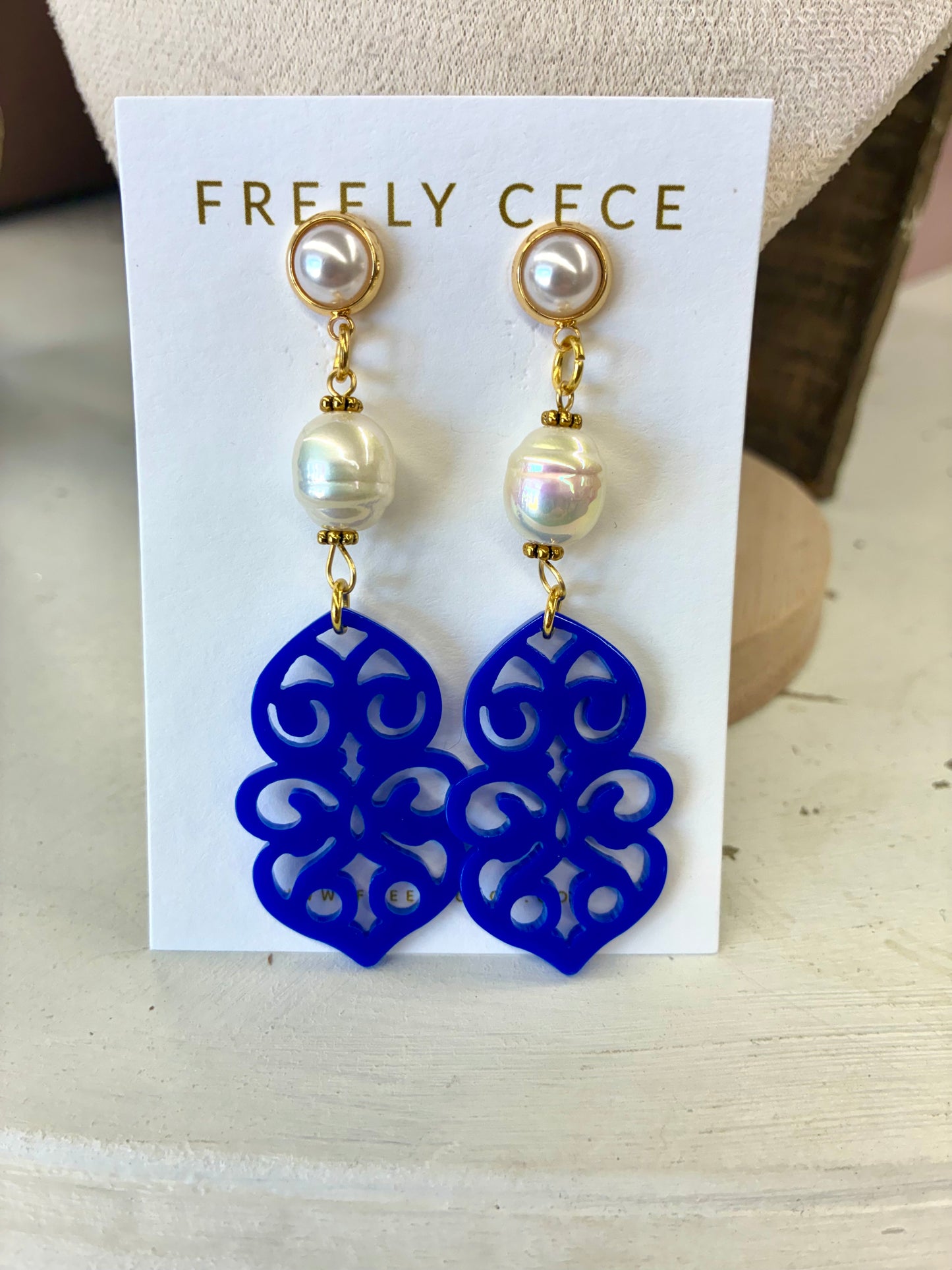 Royal Blue Filigree Earrings with Pearl Accents