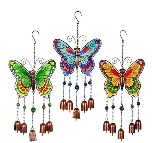 Pollinator Garden Wind Chime Glass Butterfly Wind Chime with Bells, Asst of 3   (9.5” W x 15.5”L)