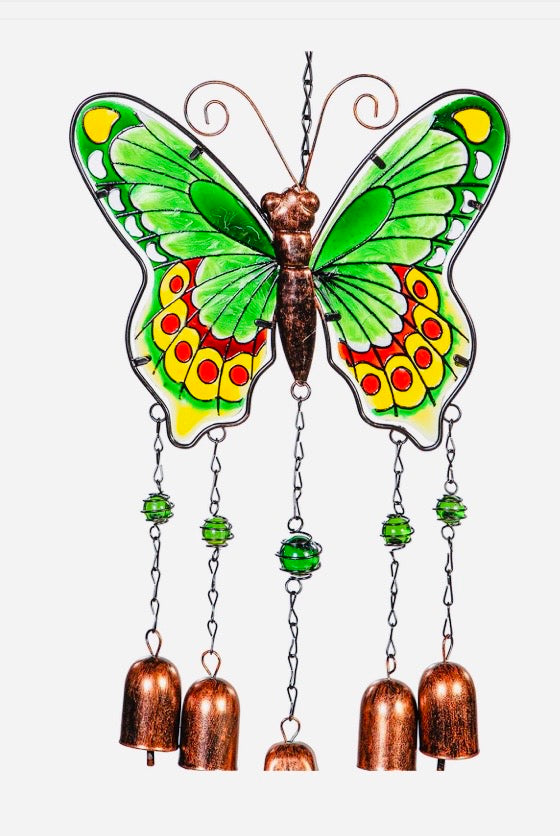 Pollinator Garden Wind Chime Glass Butterfly Wind Chime with Bells, Asst of 3   (9.5” W x 15.5”L)