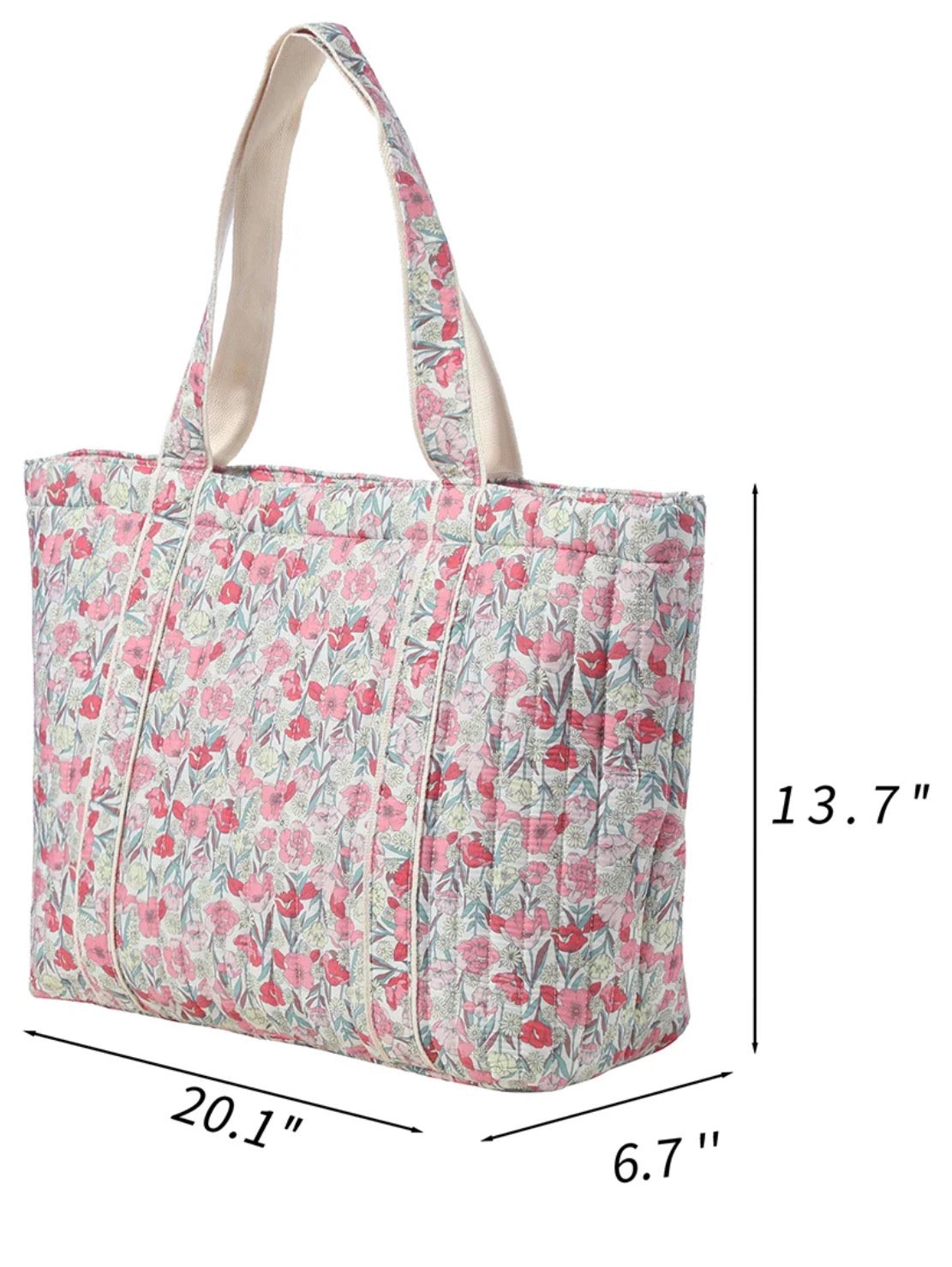 Pink Floral Print Quilted Tote Bag with Shoulder Straps