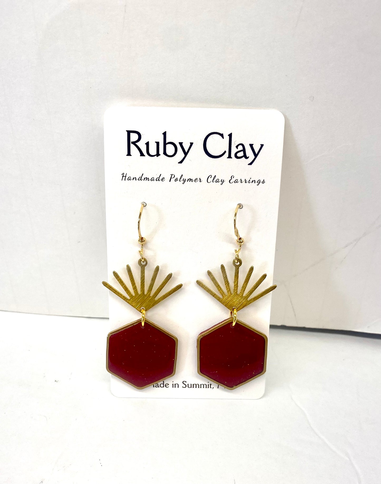 Maroon & Gold Dangle Handmade Polymer Clay Earrings /  Ruby Clay