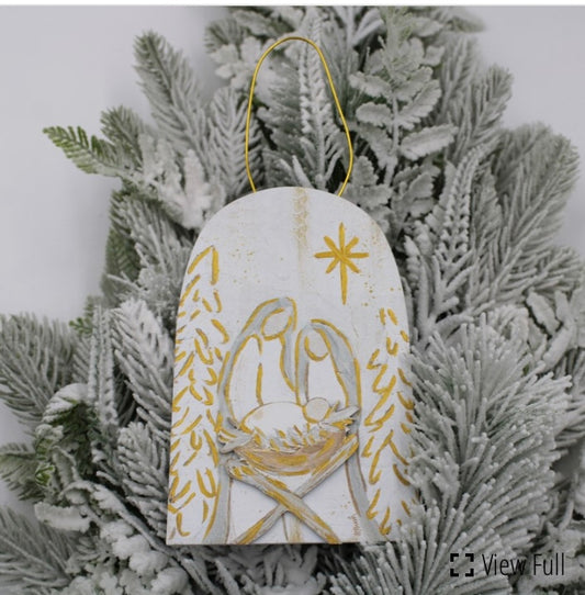 Layered Wood Ornament Neutral Holy Family 4x5x6”