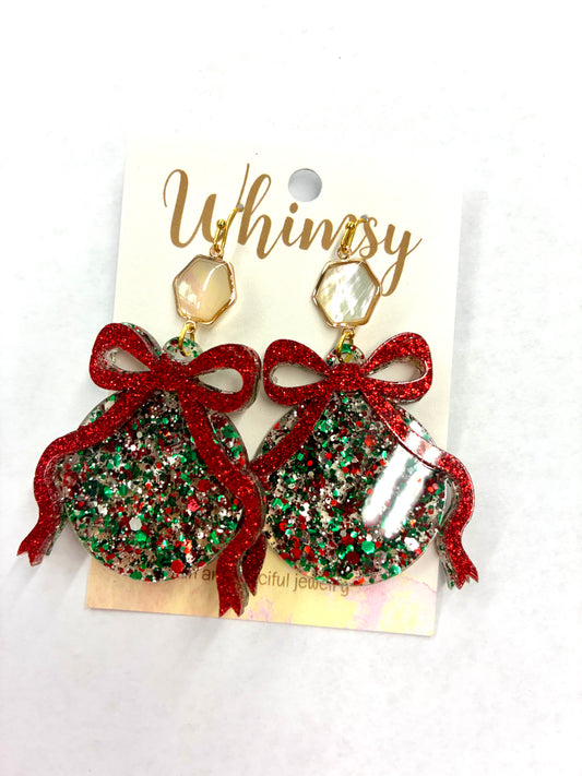 Iridescent Green Red Ornament w/ Red Bow Earrings