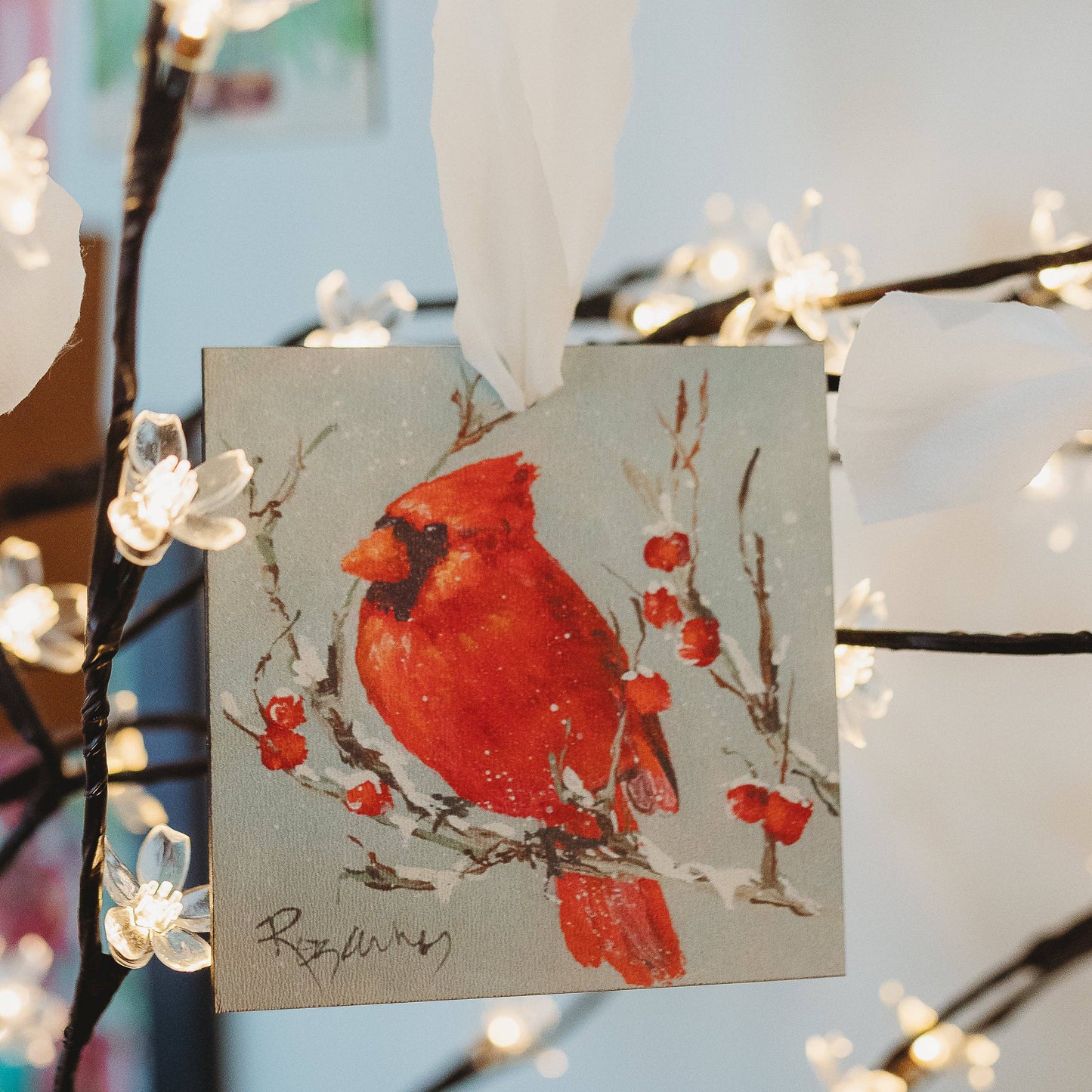 ROZIE'S CARDINAL IN BERRY TREE ORNAMENT: 3"x6"