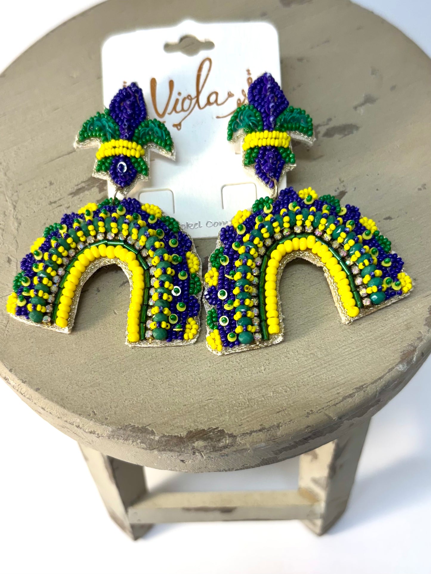 Beaded Mardi Gras Rainbow Fleur De Lis Earrings