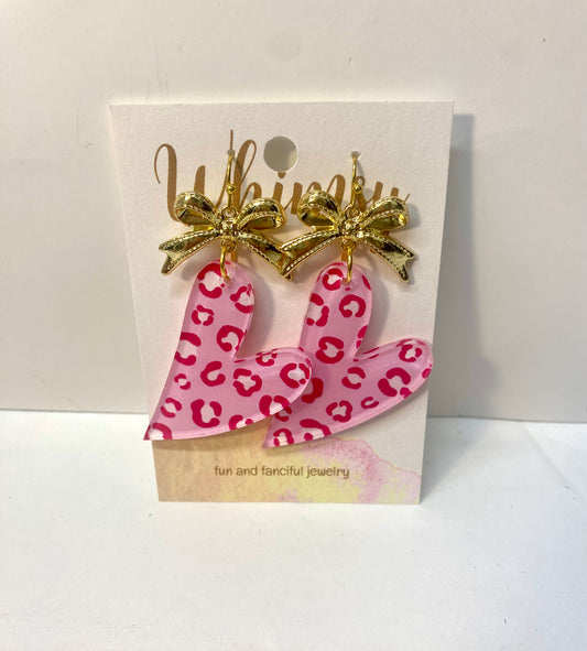 Pink Leopard Heart Earrings w/ Gold Bows  Whimsy Jewels