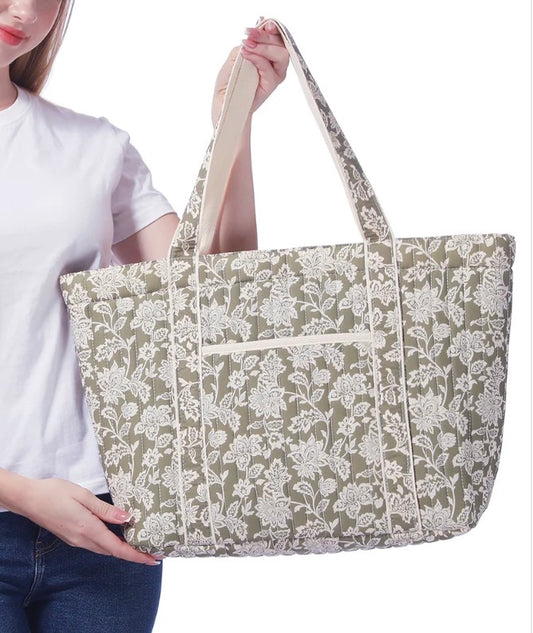 Sage Floral Print Quilted Tote Bag with Shoulder Straps