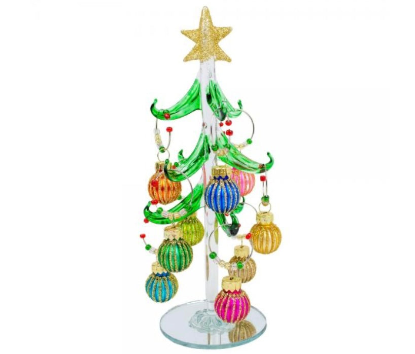 Green Glass Wine Charm Tree with Ridged Pastel Ornaments