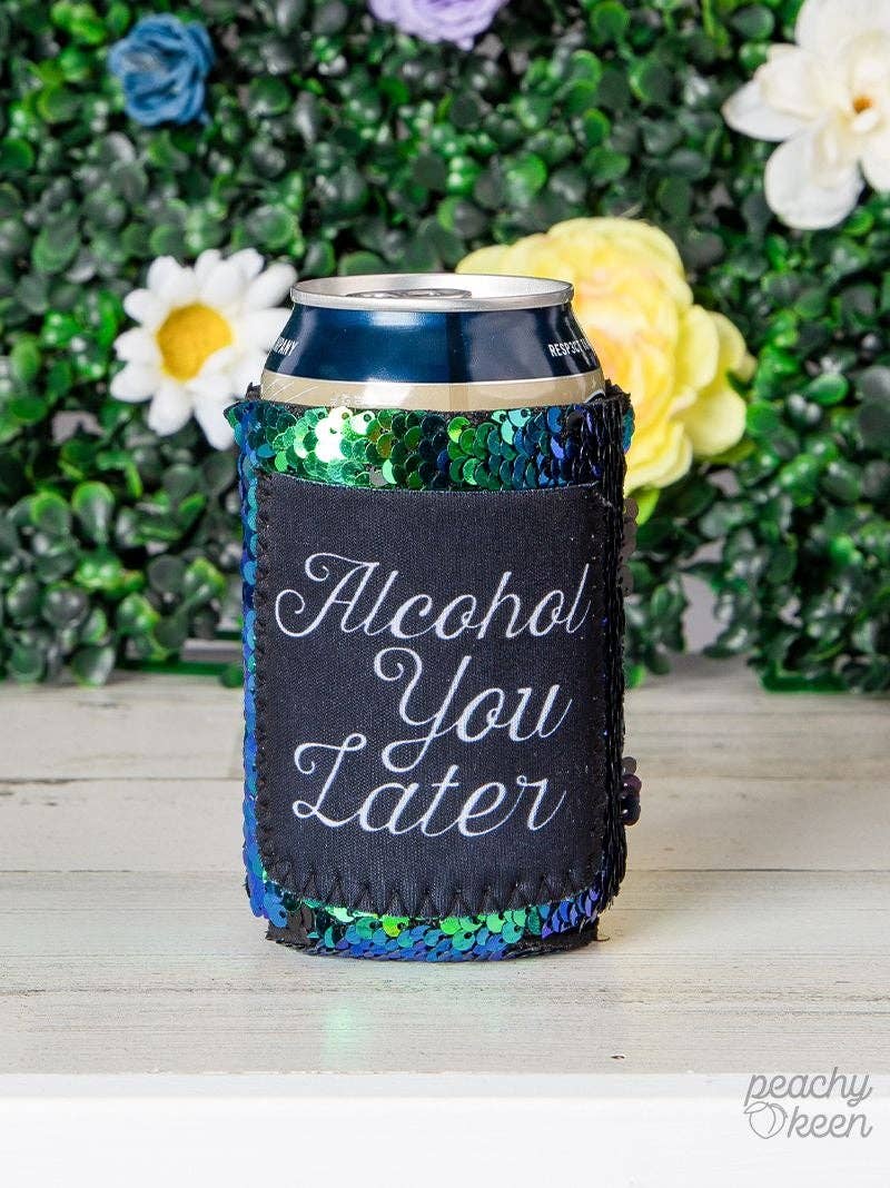 Alcohol you Later Sequin Shifting Can Cooler: Turquoise / One Size