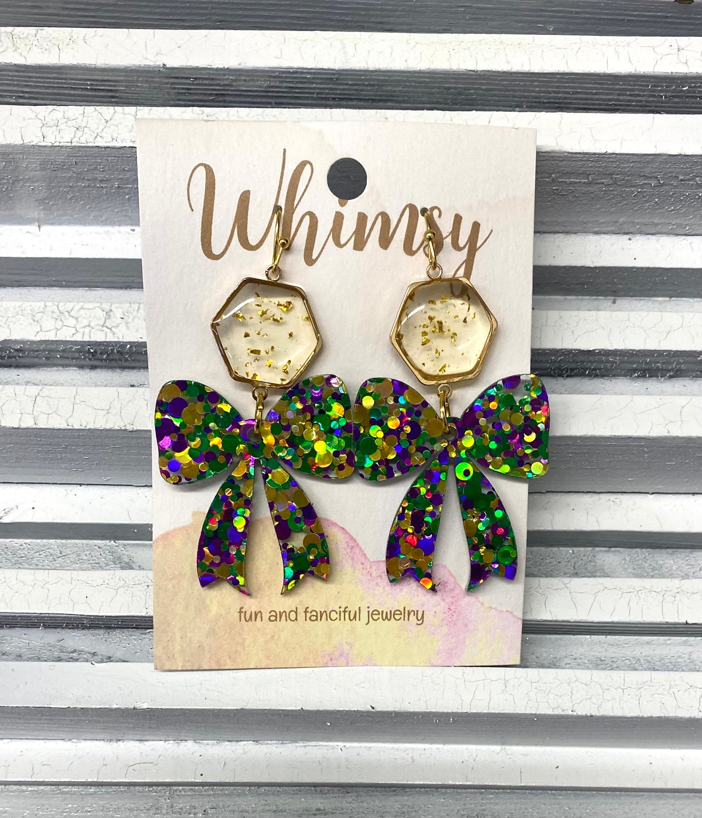 Mardi Gras Multicolored Glitter Bows with Gold/Clear Stone / Whimsy Jewels