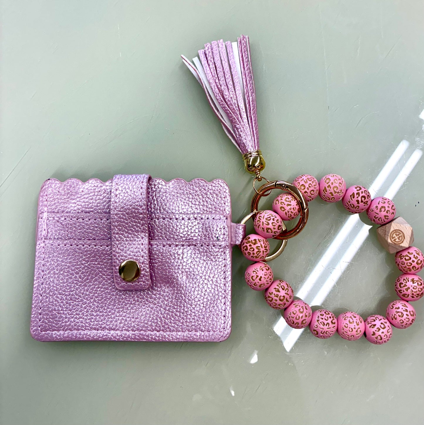 Beaded Leopard Keyring with Wallet Brown or Pink