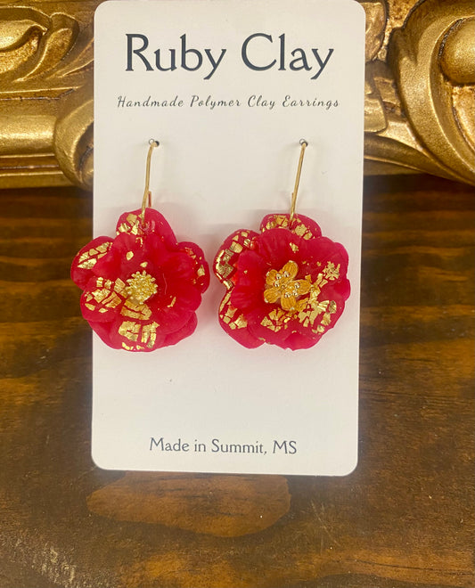 Polymer Clay Red w/Gold Accents Flower Dangle Earrings by Ruby Clay