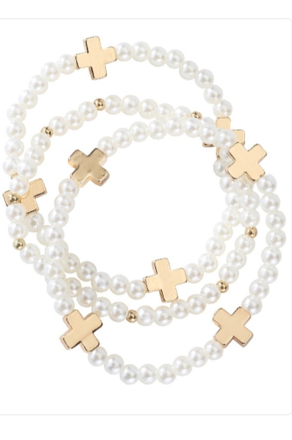 White-Gold Cross Pearl Bracelet 3-piece