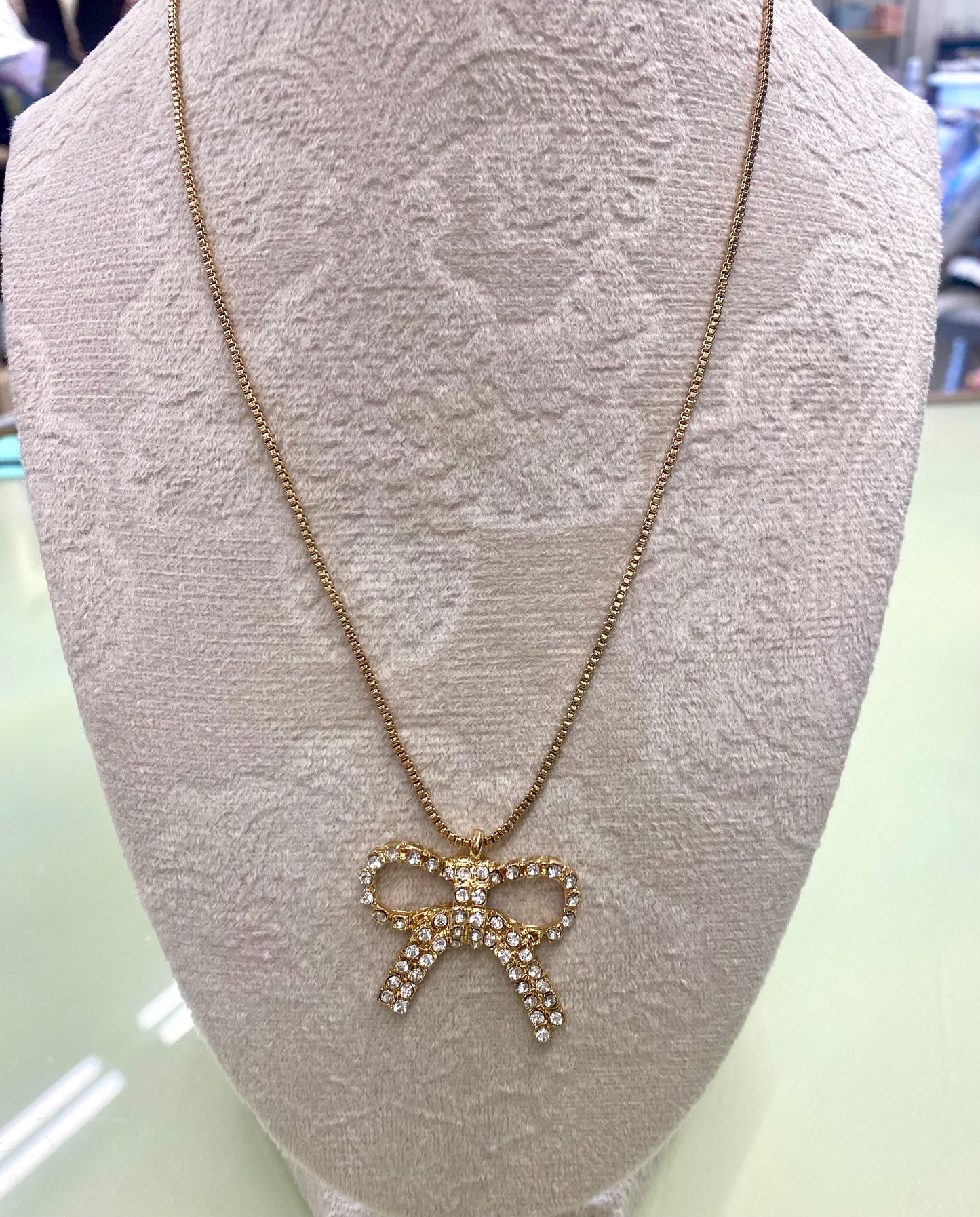 Rhinestone Ribbon Bow Necklace