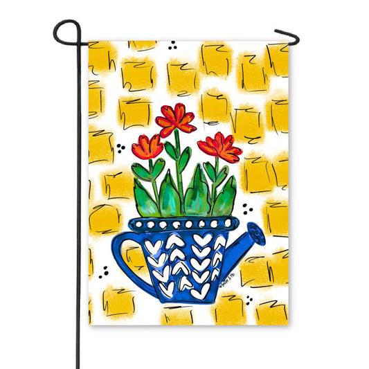 Watering Can with Red Flowers Garden Flag - Baxter & Me