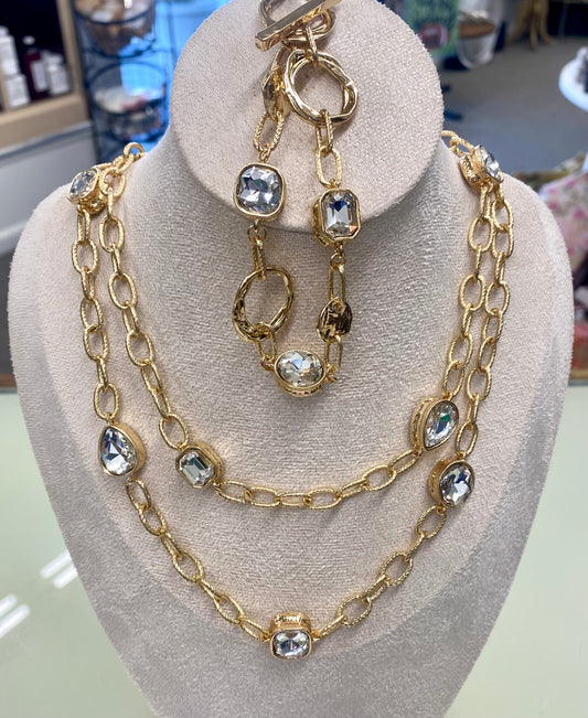 32” Long Gold Chain Necklace with Rhinestones / Gold Rhinestone Toggle Bracelet   (Sold Separately)  mk