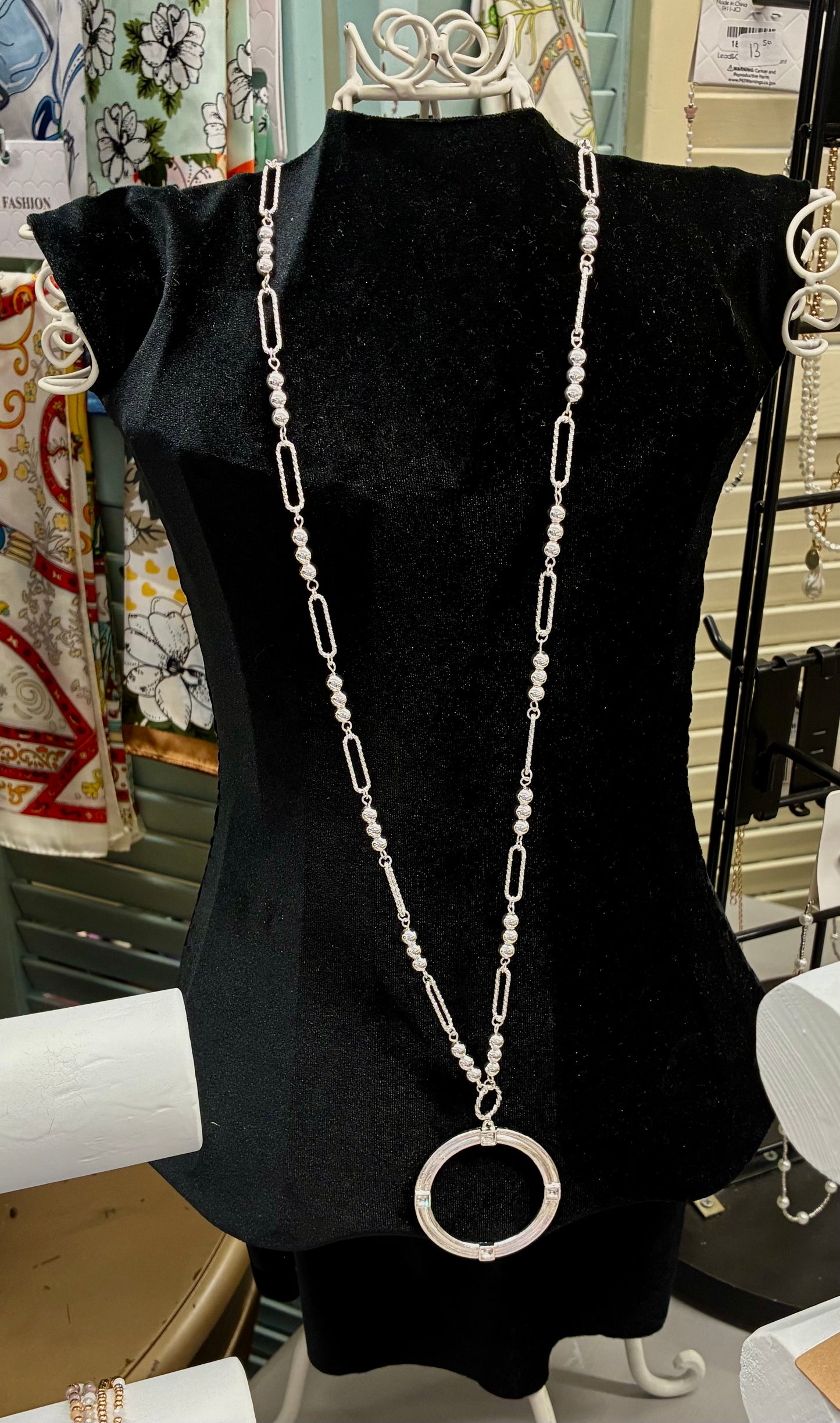 Long Silver Beaded Chain Necklace with Round Silver Pendant