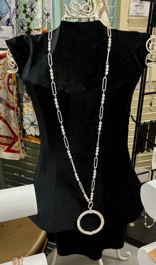Long Silver Beaded Chain Necklace with Round Silver Pendant