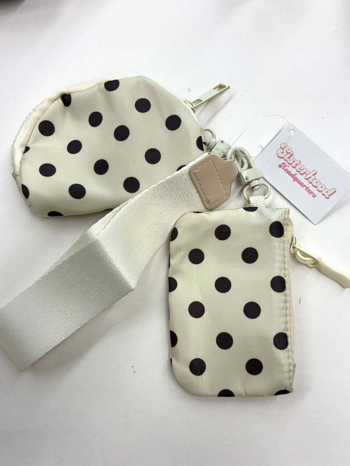 White Wristlet Keychain Dual Pouch with Black Polka Dots