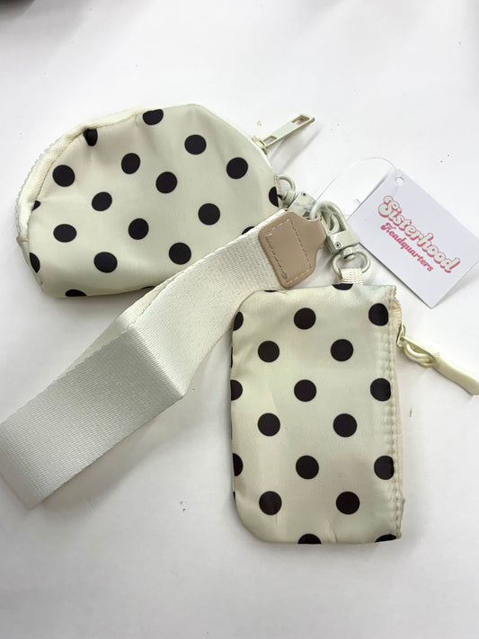 White Wristlet Keychain Dual Pouch with Black Polka Dots