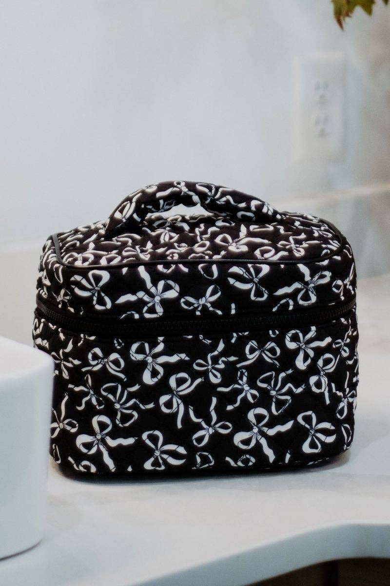 Black & White Bows All Over Travel Makeup Bag: Black