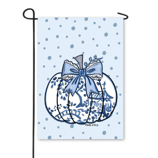 Blue Willow Lace Bow Pumpkin Garden Flag