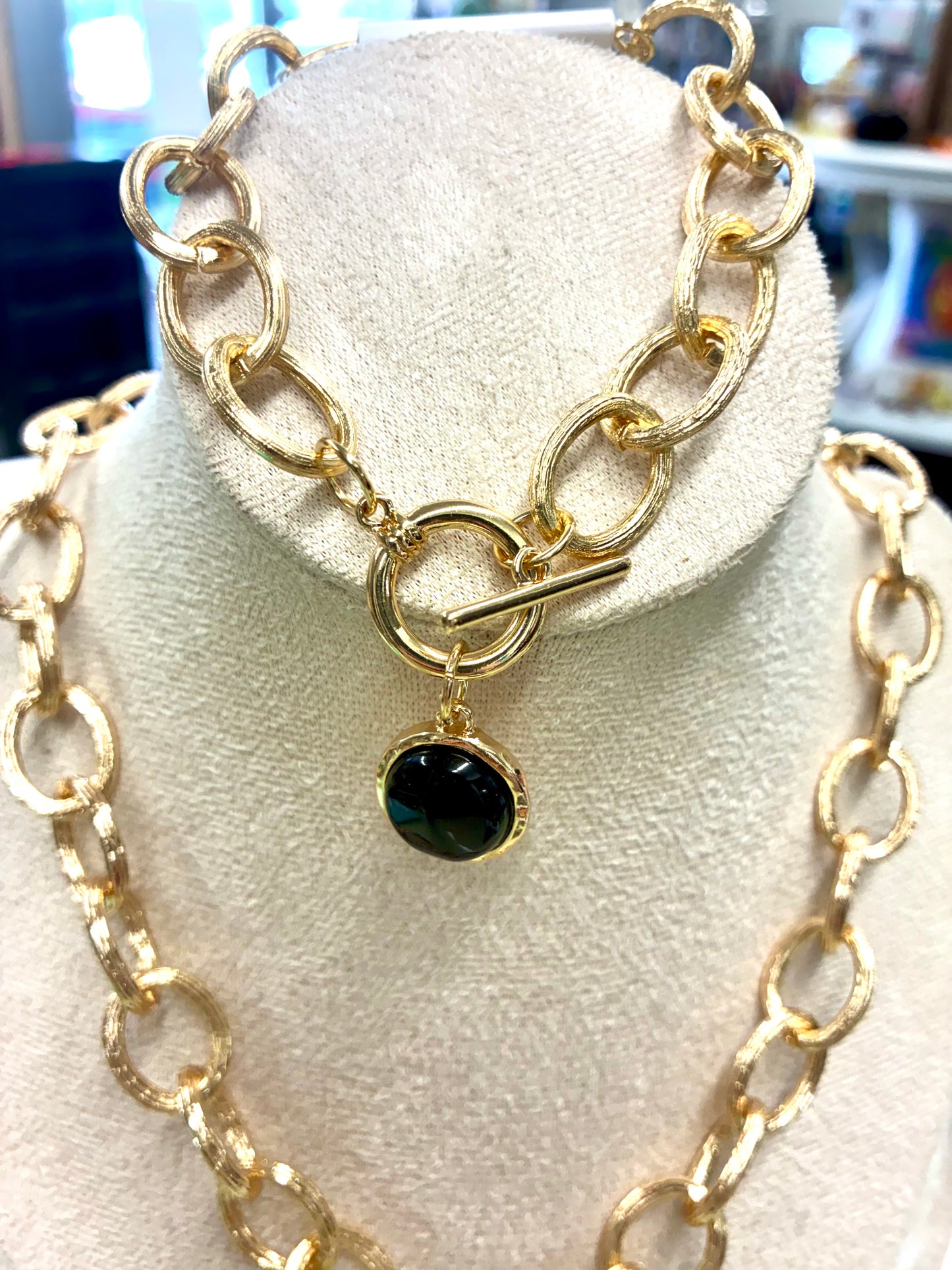 Gold Chain Link Bracelet with Round Black Stone