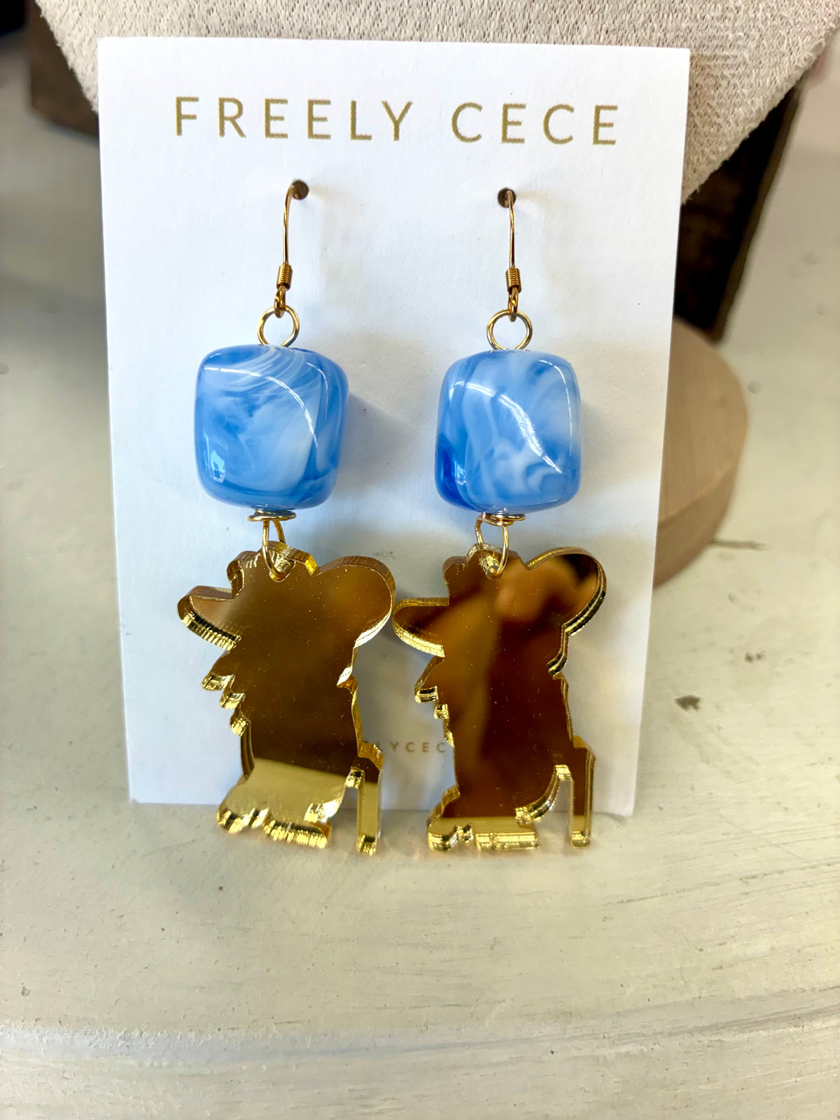 Colonel Rebel Gold Mirror Earrings with Blue Marble Stone