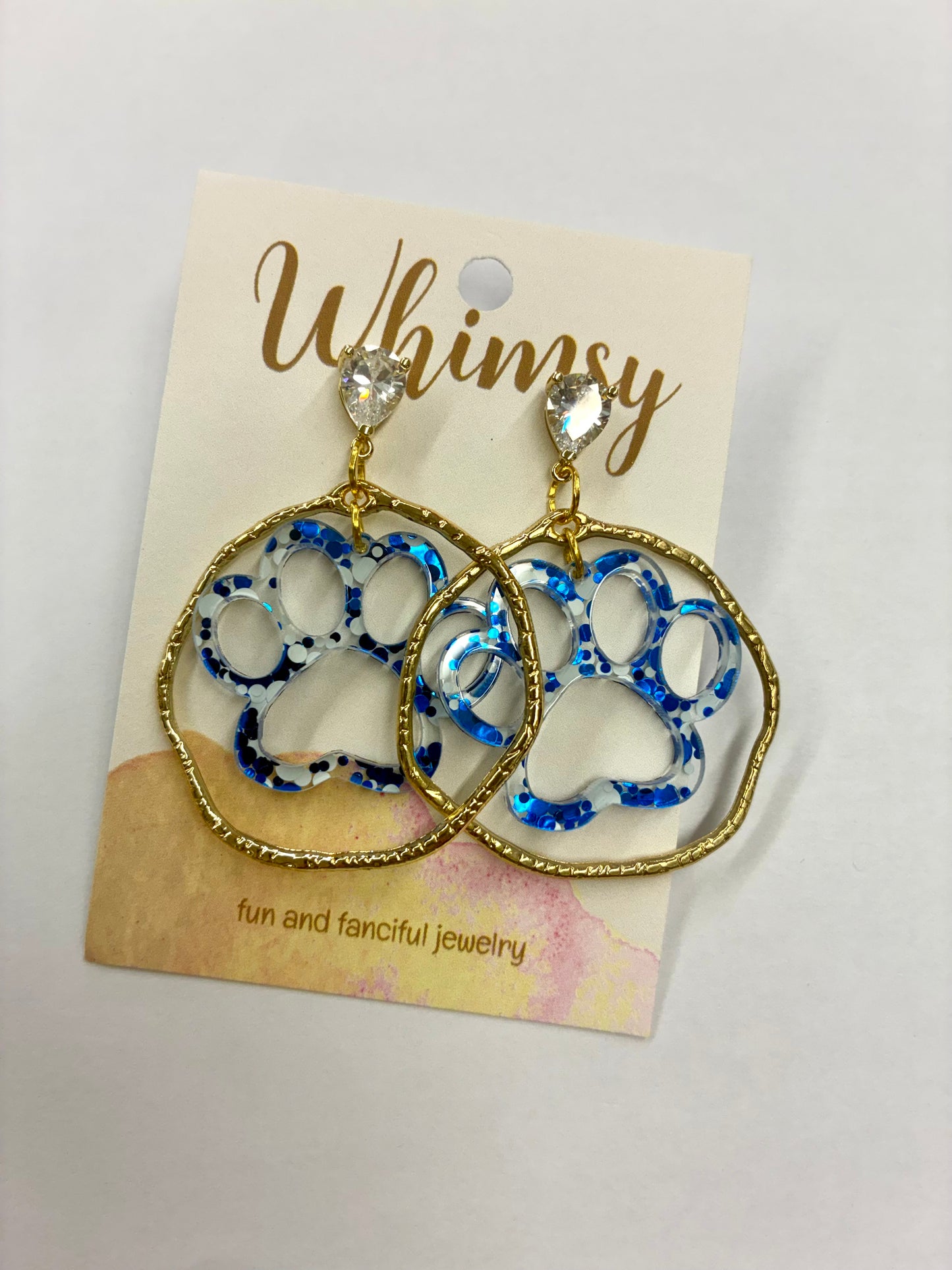 Blue & White Iridescent Paw Earrings with Gold Circle and Oval Rhinestone