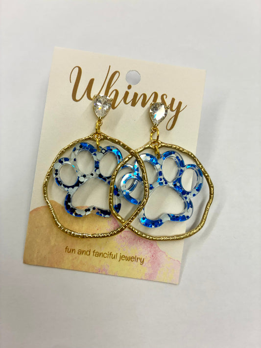 Blue & White Iridescent Paw Earrings with Gold Circle and Oval Rhinestone