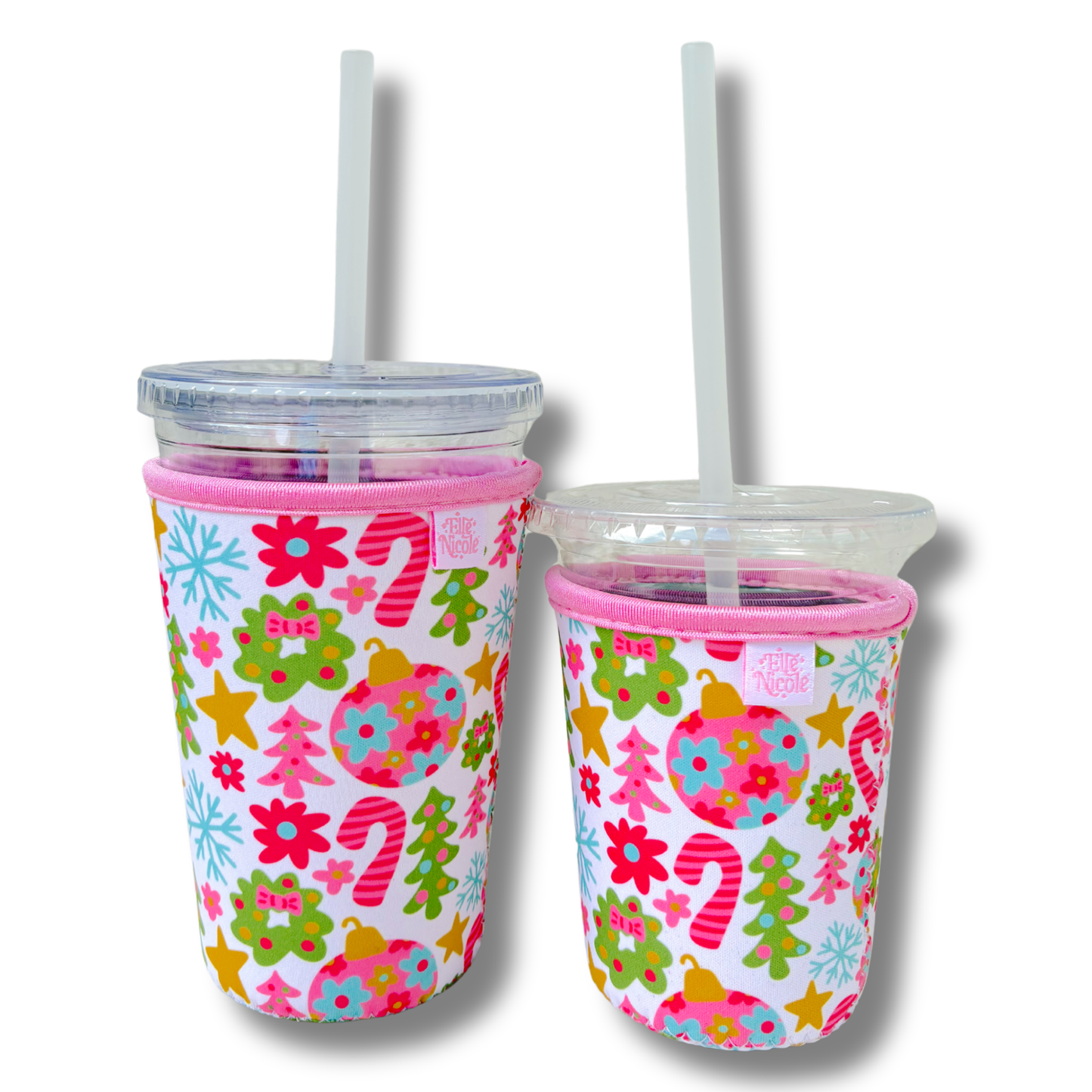 Coffee Cup Cover - Pink Christmas- Iced Drink Sleeve Large / 24oz
