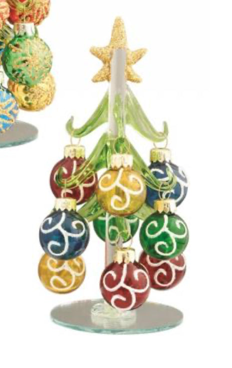Green Glass 6” Tree Assorted Styles: Striped, Swirl, or Snowflake