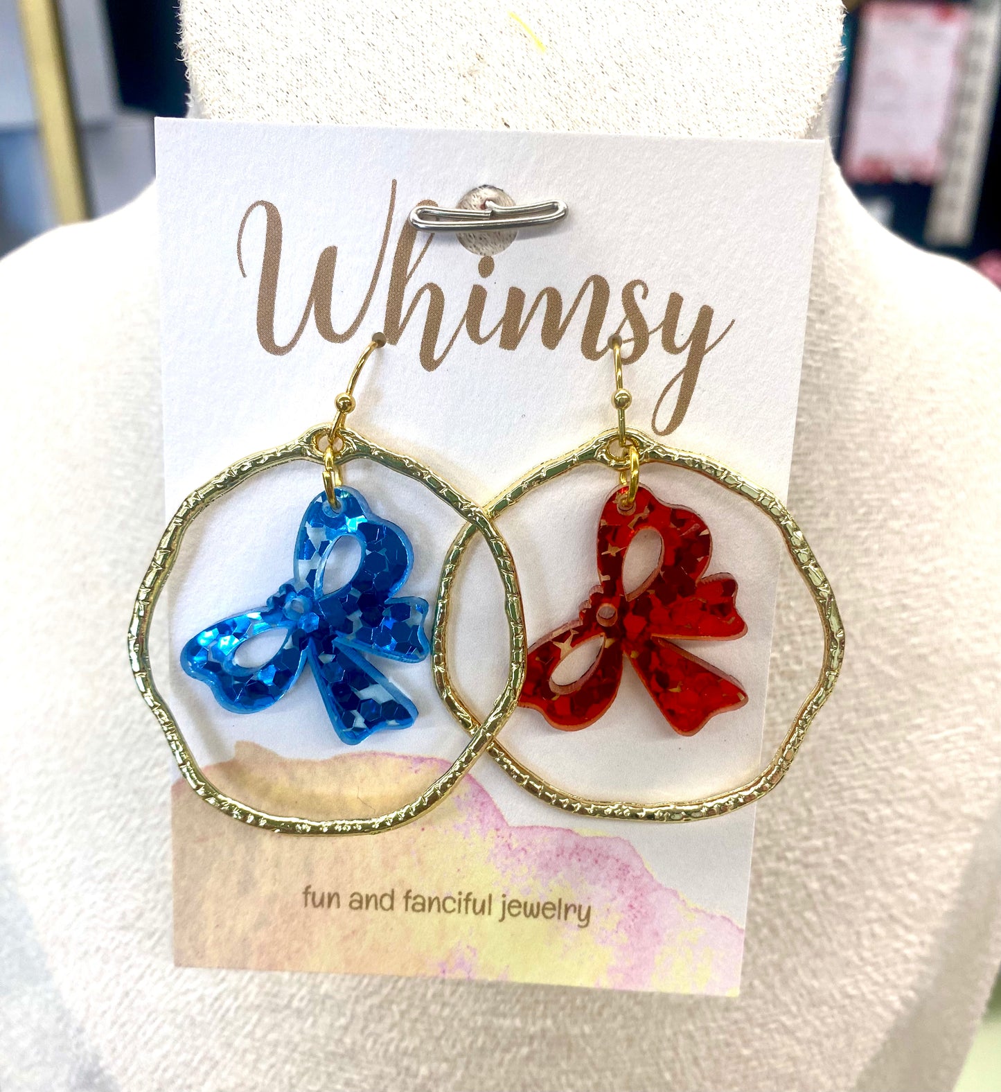 Blue / Red Glitter Bow Earrings