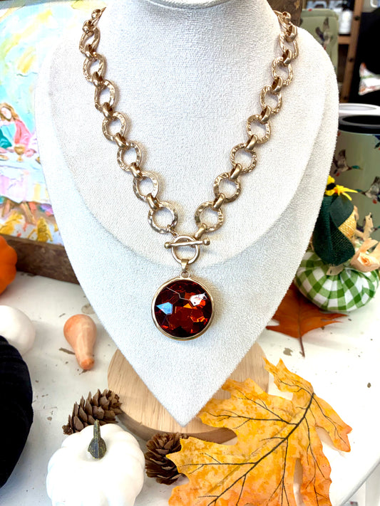 Hammered Chain Toggle Necklace w/ Chunky Round Gemstone Pendant & Matching Earrings (Sold Separately)