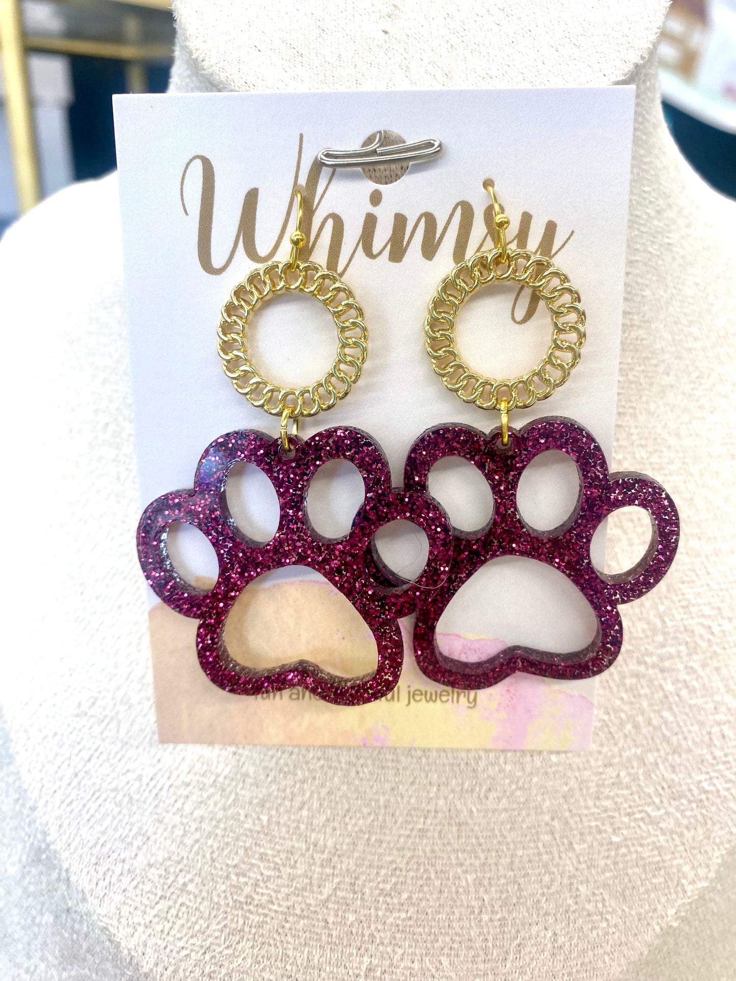 Maroon Glitter Paw Earrings