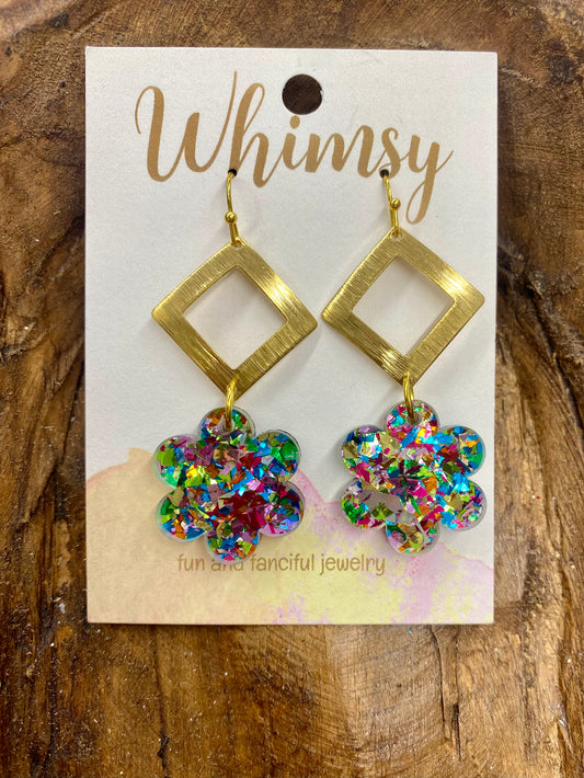 Multicolored iridescent flower earrings in gold / Whimsy Jewels