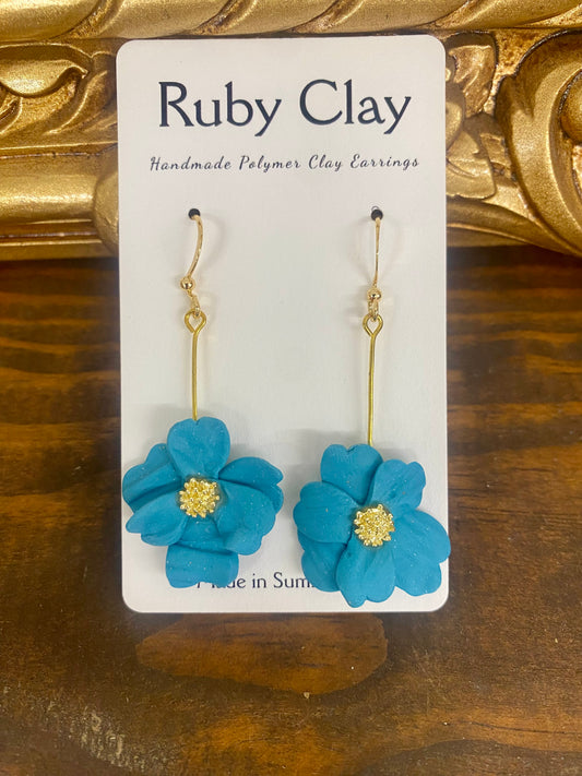 Polymer Clay Teal & Yellow Flower Earrings by Ruby Clay