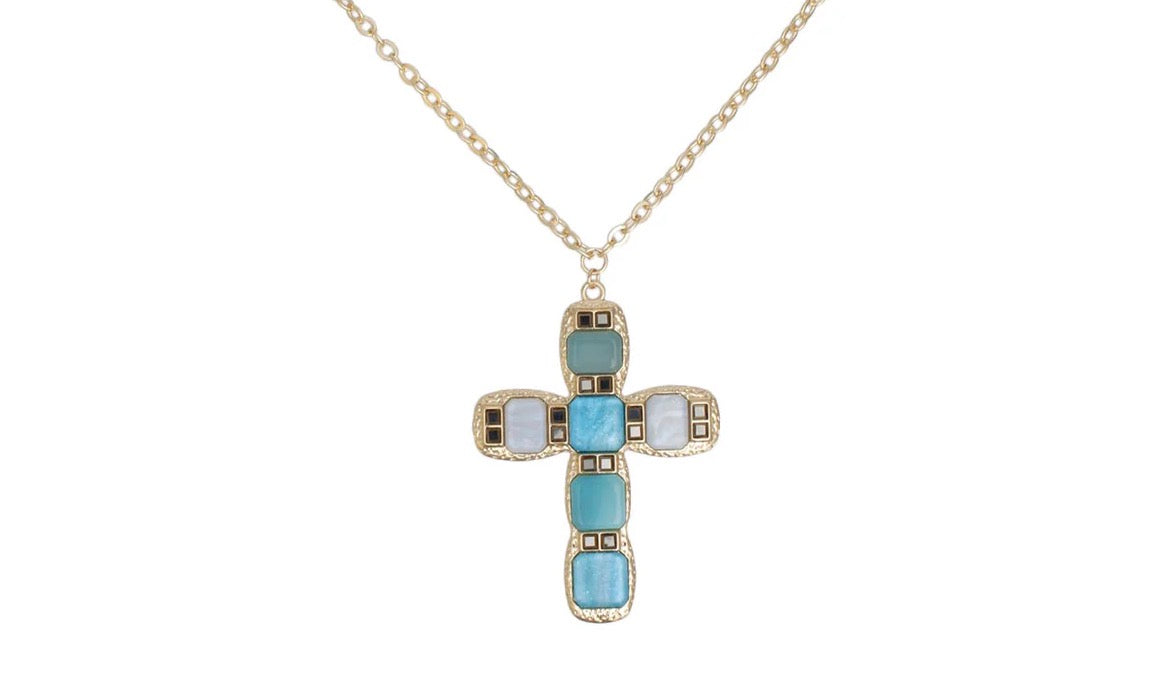 Pendant Blue Cross Long Gold Chain Necklace 34” + 2.5”