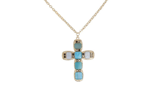 Pendant Blue Cross Long Gold Chain Necklace 34” + 2.5”