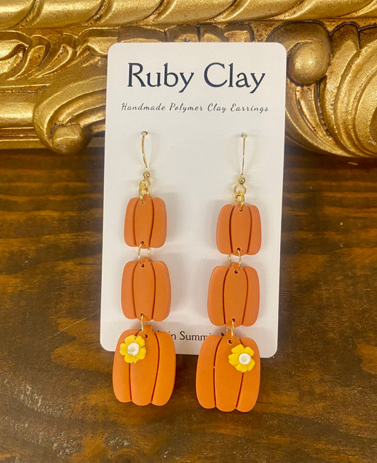 Polymer Clay 3-Tier Pumpkin Earrings w/Flower by Ruby Clay