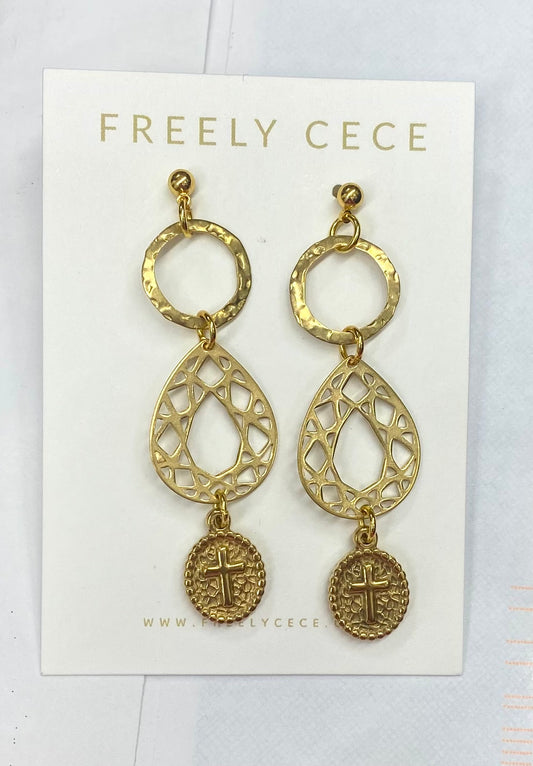 Gold 3-Tier Dangle Earrings w/Cross / Freely CeCe