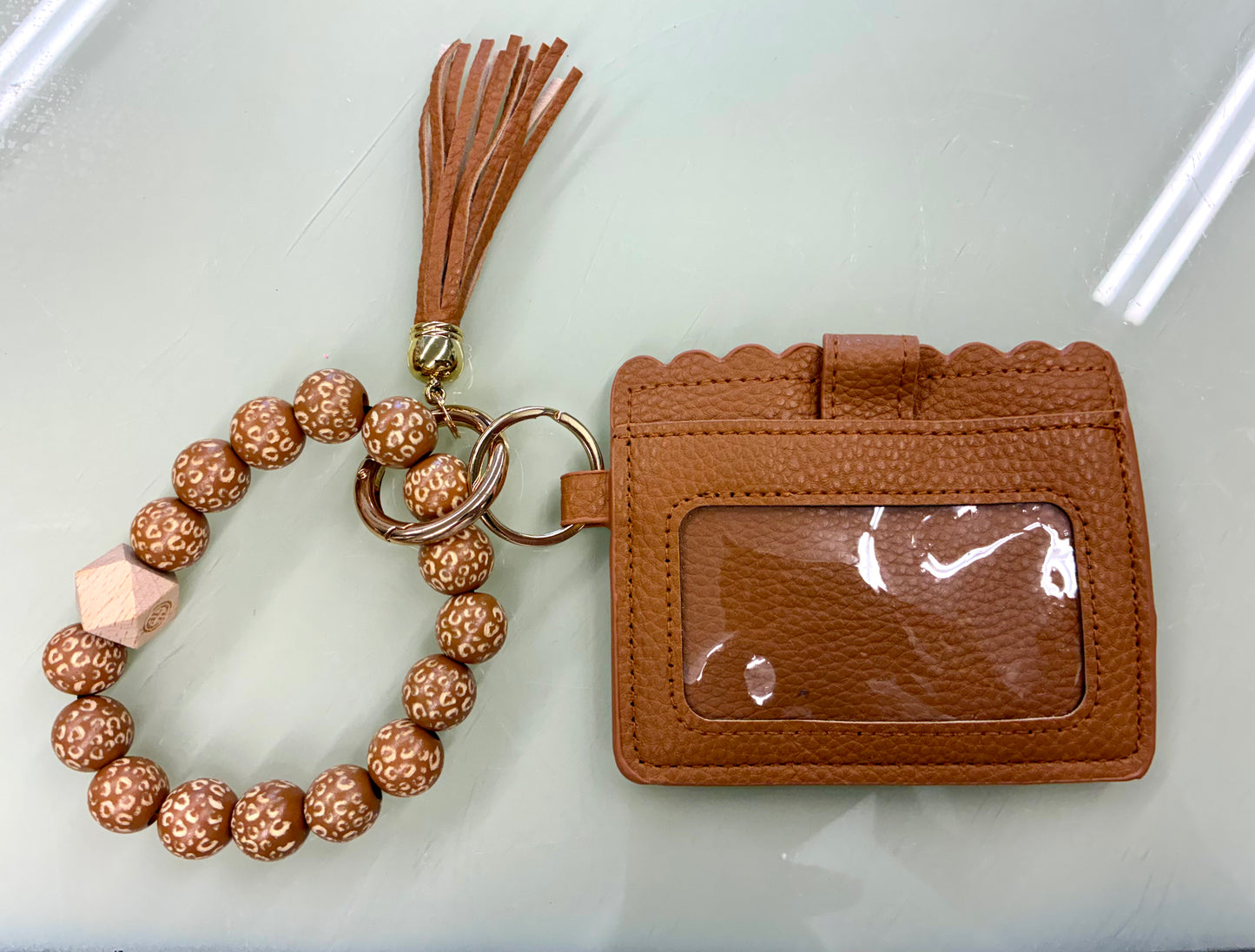 Beaded Leopard Keyring with Wallet Brown or Pink