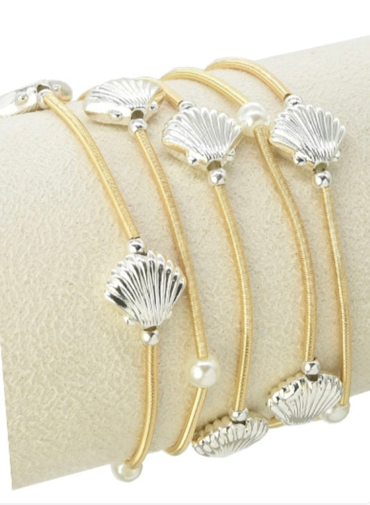 5-Piece Silver Shell & Pearl Gold Stretch Bracelets