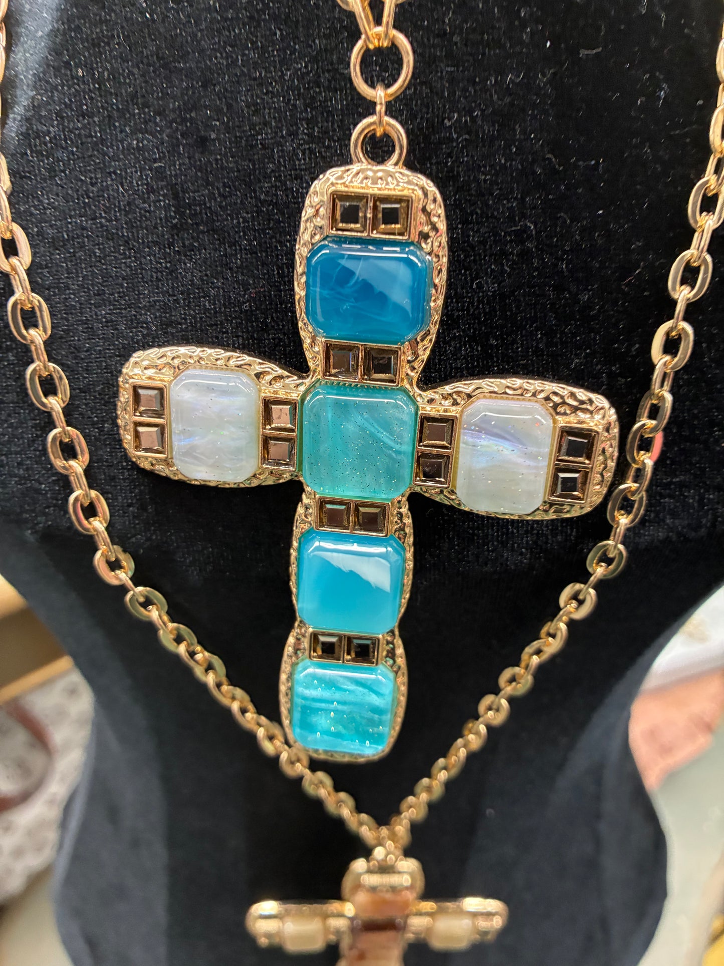 Pendant Blue Cross Long Gold Chain Necklace 34” + 2.5”
